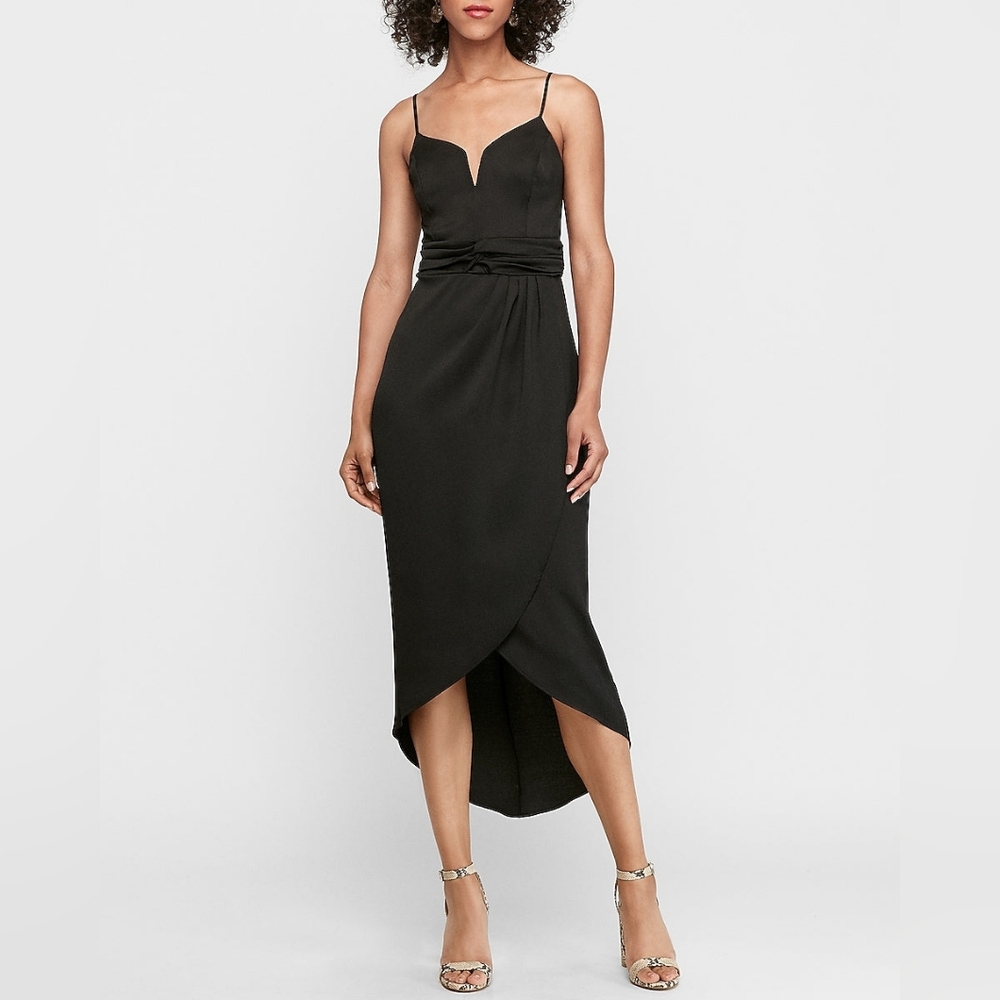 NWT Express V-Wire Satin Hi-Lo Maxi Dress Black Size S NWOT
